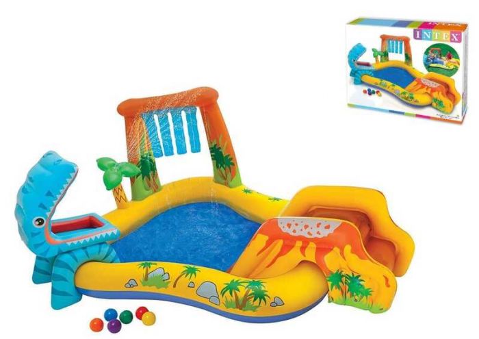 Intex Игровой центр 57444 NP (2) Динозавры, с горкой, душем, фонтанчиком, шариками 6 штук, 249х191х109 см, от 3-х лет.