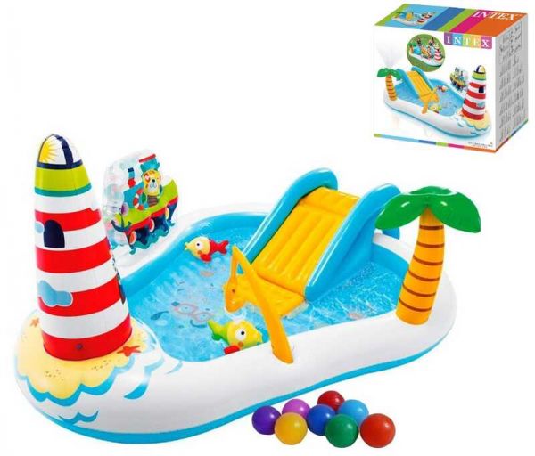 Intex Игральный центр 57162 NP "Веселая рыбалка" (2) для детей от 3 лет, с распылителем, горкой, шариками, размер 218 х 188 х 99 см, с надувной удочкой, 2 рыбы.