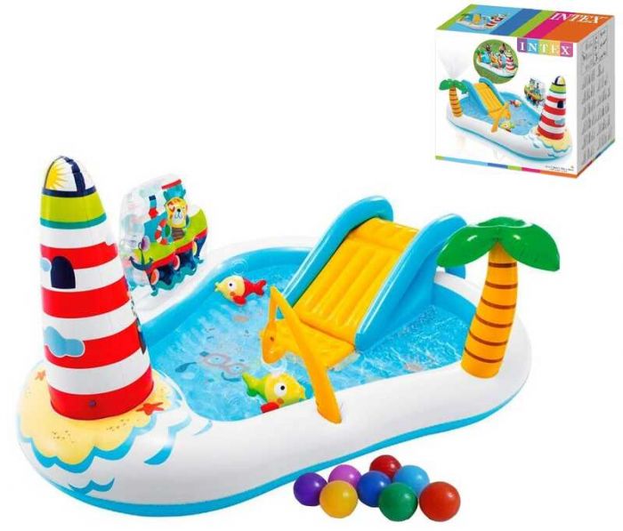 Intex Игральный центр 57162 NP "Веселая рыбалка" (2) для детей от 3 лет, с распылителем, горкой, шариками, размер 218 х 188 х 99 см, с надувной удочкой, 2 рыбы.