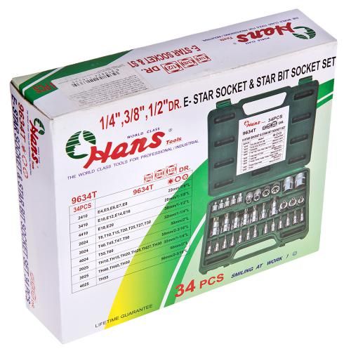 Набор торцевых головок 1/2",3/8",1/4" внутренний и внешний ТОRX 34предм HANS