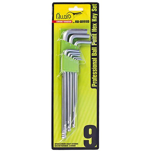 Набор шестигранных ключей с шаром , изогнутых удлиненных. 9 пр. 1,5-10 мм Alloid (НШ-Ш0918D)