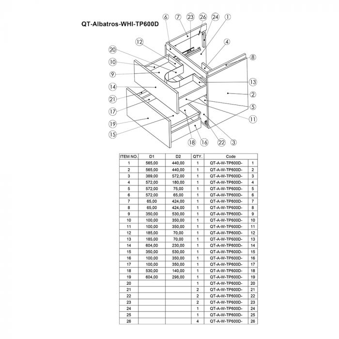 Комплект Qtap Albatross 605х725х460 White тумба подвесная+врезная раковина QT0172TP600D3060CW