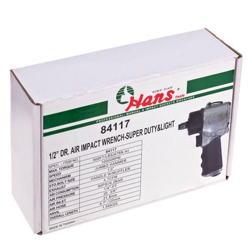 Пневмогайковерт 1/2"DR, 10000 об/мин, 678 Нм, 1,55кг (84117) HANS