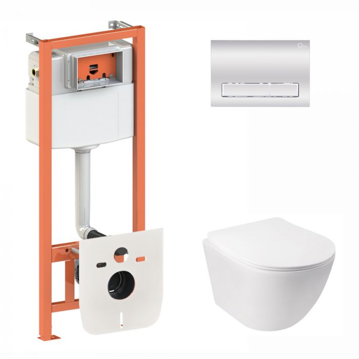 Набор Qtap инсталляция 3 в 1 Nest QT0133M425 с панелью смыва линейной QT0111M08381CRM + унитаз с сиденьем Jay QT07335176W