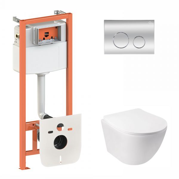 Набір Qtap інсталяція 3 в 1 Nest QT0133M425 з панеллю змиву круглою QT0111M11112CRM + унітаз з сидінням Jay QT07335176W