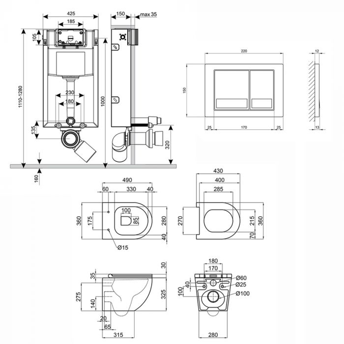 Набор Qtap инсталляция 3 в 1 Nest QT0133M425 с панелью квадратного смыва QT0111M06028CRM + унитаз с сиденьем Robin QT1333046ENRW