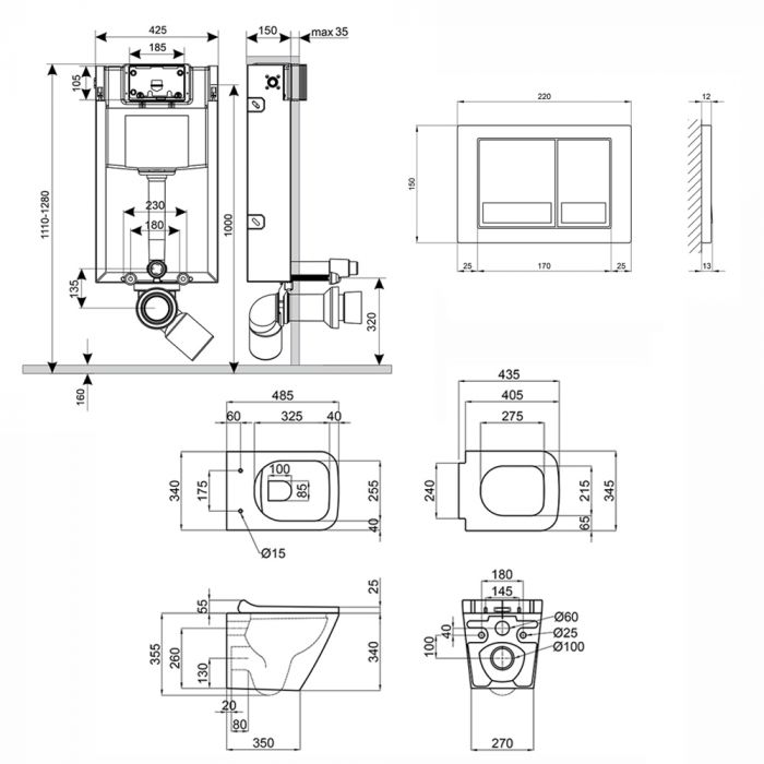 Набор Qtap инсталляция 3 в 1 Nest QT0133M425 с панелью квадратного смыва QT0111M06029SAT + унитаз с сиденьем Tern QT1733052ERW