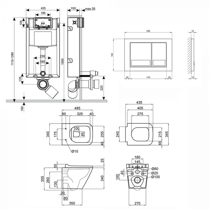 Набор Qtap инсталляция 3 в 1 Nest QT0133M425 с панелью квадратного смыва QT0111M06028CRM + унитаз с сиденьем Tern QT1733052ERW