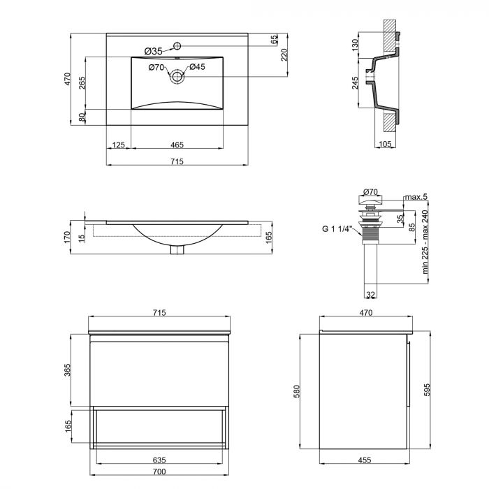 Комплект Qtap Robin 700х580х437 White/Whitish oak подвесная тумба + раковина врезная QT1372TPВ7001WWO
