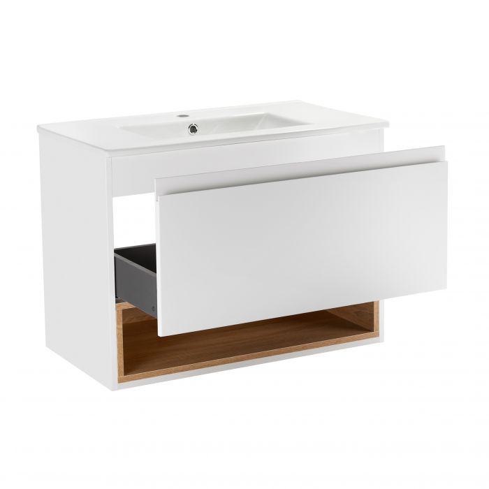Комплект Qtap Robin 800х580х437 White/Whitish oak подвесная тумба + раковина врезная QT1372TPВ8001WWO