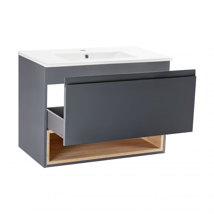 Комплект Qtap Robin 800х580х437 Graphite/Whitish oak подвесная тумба + раковина врезная QT1372TPВ8002GWO