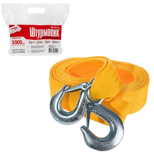 Трос буксир ТРШ-240-3-1 3т лента 40мм х 4м желтый/крюк/в пакете (ТРШ-240-3-1)