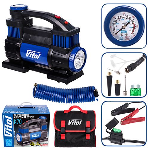 Компресор "ViTOL" К-70 150psi/25Amp /90л/2 циліндра /шланг 1,0+5,0м/клеми (К-70)