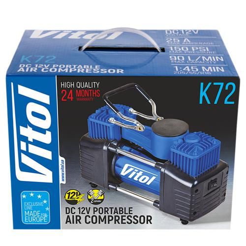 Компрессор "ViTOL" К-72 150psi/25Amp /90л/2 цилиндра/шланг 5,0м/клеммы (К-72)