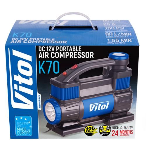 Компресор "ViTOL" К-70 150psi/25Amp /90л/2 циліндра /шланг 1,0+5,0м/клеми (К-70)