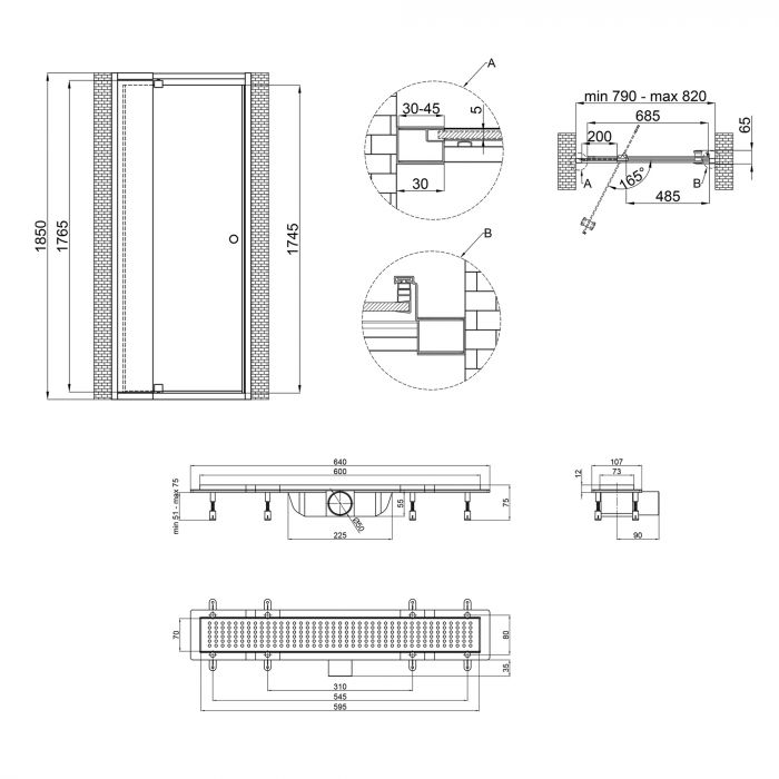 Набор Qtap двери в нишу Pisces WHI208-9.CP5 79-92х185 см, стекло Pattern 5 мм + трап линейный Qtap Dry FB304-600 с сухим закрыванием и нержавеющей решеткой 600х73 мм