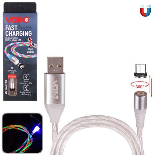 Кабель магнитный Multicolor LED VOIN USB - Micro USB 3А, 2m, (быстрая зарядка/передача данных) (VC-1602M RB)