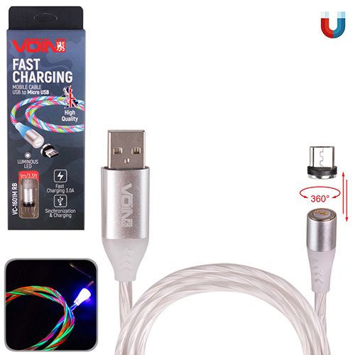 Кабель магнитный Multicolor LED VOIN USB - Micro USB 3А, 1m, (быстрая зарядка/передача данных) (VC-1601M RB)