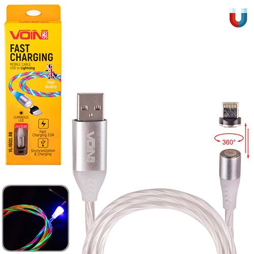 Кабель магнитный Multicolor LED VOIN USB - Lightning 3А, 2m, (быстрая зарядка/передача данных) (VL-1602L RB)