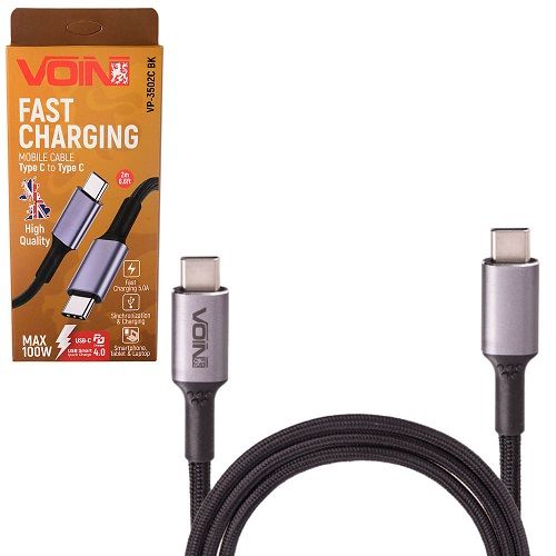Кабель VOIN Type C - Type C 5А/20V, QC4.0/PD 2m, black (быстрая зарядка/передача данных) (VP-3502C BK)