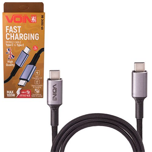 Кабель VOIN Type C - Type C 5А/20V, QC4.0/PD 1m, black (быстрая зарядка/передача данных) (VP-3501C BK)