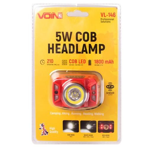 Фонарь налобный VOIN VL-146, 5W-COB+(W/R)+5W XPE/АКБ1800mAh/рег. наклона/сенсор (VL-146)