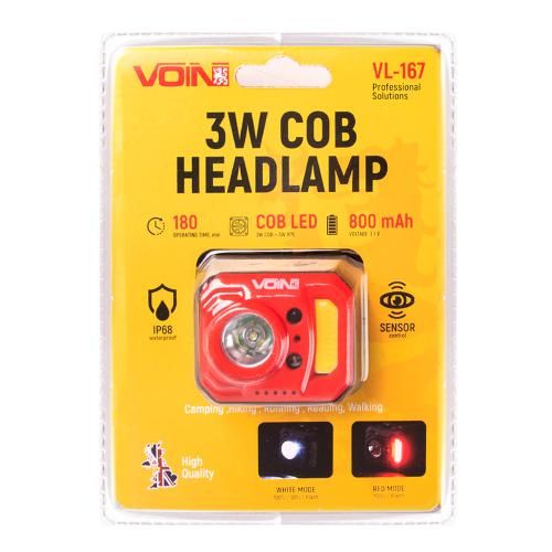 Фонарь налобный VOIN VL-167, 3W-COB (W/R)+3W XPE/АКБ800mAh/рег.