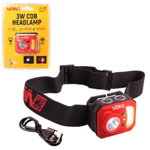 Фонарь налобный VOIN VL-167, 3W-COB (W/R)+3W XPE/АКБ800mAh/рег.