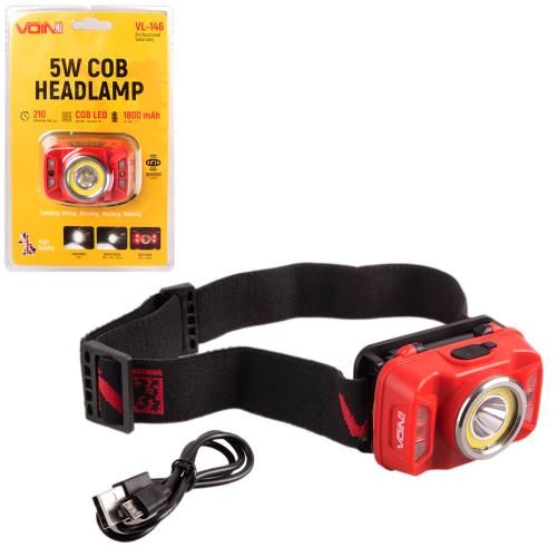 Фонарь налобный VOIN VL-146, 5W-COB+(W/R)+5W XPE/АКБ1800mAh/рег. наклона/сенсор (VL-146)