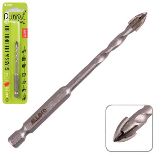 Сверло по стеклу и керамике QUADRO 5мм, хвостовик HEX 1/4" Alloid, L=95mm