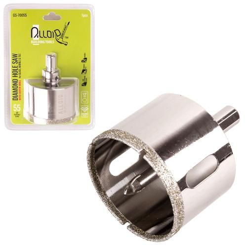 Сверло корончатое алмазное по стеклу и керамике 55мм с центровочным сверлом Alloid