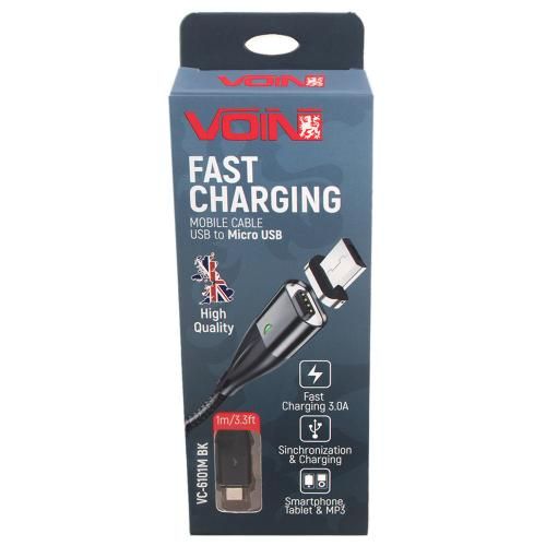 Кабель магнитный VOIN USB - Micro USB 3А, 1m, black (быстрая зарядка/передача данных) (VC-6101M BK)