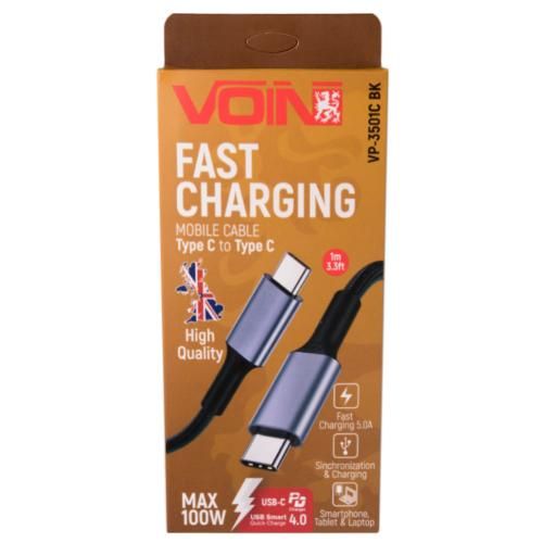 Кабель VOIN Type C - Type C 5А/20V, QC4.0/PD 1m, black (быстрая зарядка/передача данных) (VP-3501C BK)