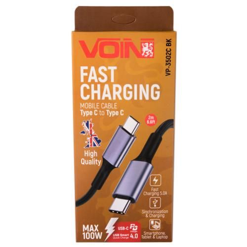Кабель VOIN Type C - Type C 5А/20V, QC4.0/PD 2m, black (быстрая зарядка/передача данных) (VP-3502C BK)