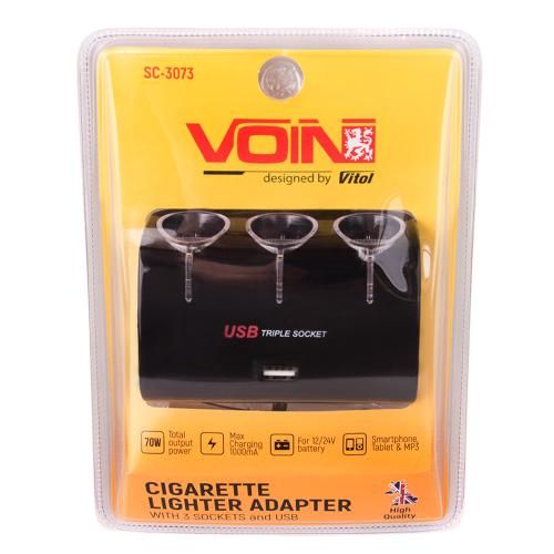 Удлинитель прикуривателя VOIN 3 выхода + 1USB 1000mA 12/24V SC-3073 (SC-3073)