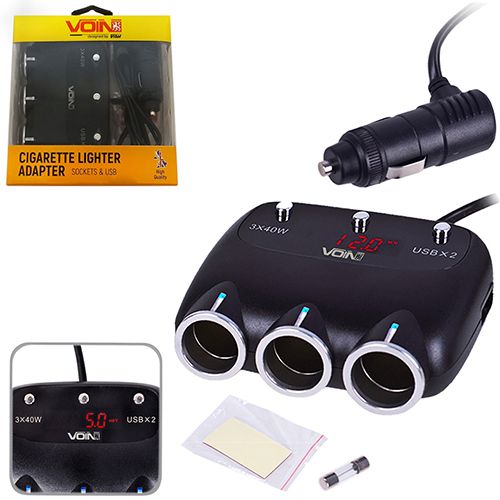 Разветвитель (удлинитель) прикуривателя VOIN 3 выхода + 2USB 2400 mA 12/24V SC-3003 проволока+вольтметр (SC-3003)