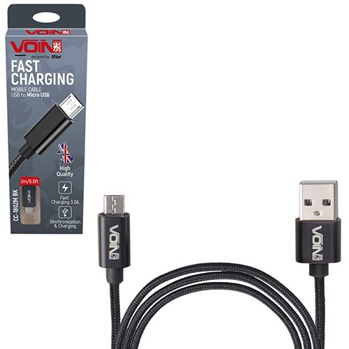 Кабель VOIN USB - Micro USB 3А, 2m, black (быстрая зарядка/передача данных) (CC-1802M BK)