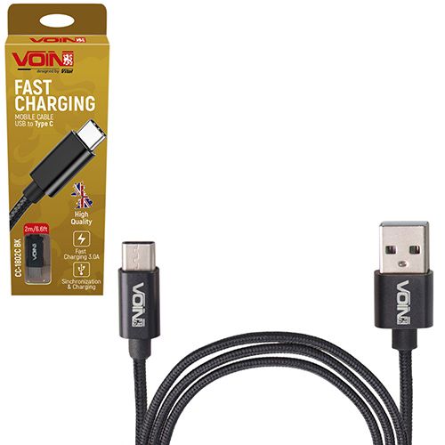 Кабель VOIN CC-1802C BK USB - Type C 3А, 2m, black (быстрая зарядка/передача данных) (CC-1802C BK)