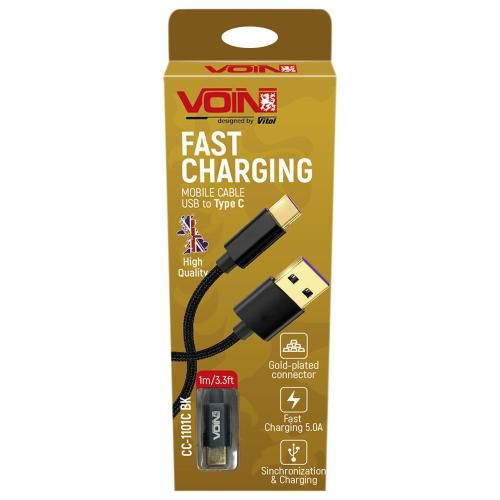 Кабель VOIN CC-1101C BK USB-Type C 5А, 1m, black (супер быстрая зарядка/передача данных) (CC-1101C BK)