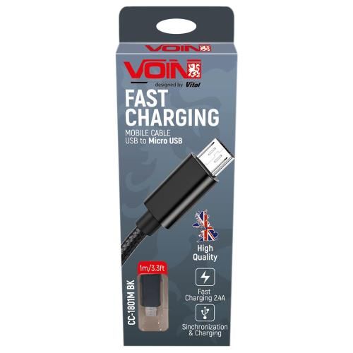 Кабель VOIN USB - Micro USB 3А, 1m, black (быстрая зарядка/передача данных) (CC-1801M BK)
