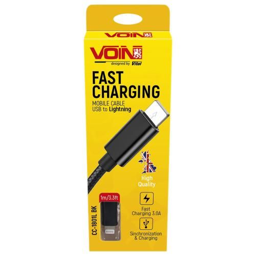 Кабель VOIN CC-1802L BK USB - Lightning 3А, 2m, black (быстрая зарядка/передача данных) (CC-1802L BK)