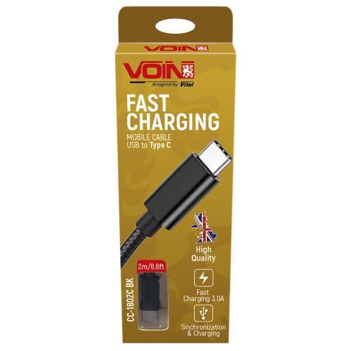 Кабель VOIN CC-1802C BK USB - Type C 3А, 2m, black (быстрая зарядка/передача данных) (CC-1802C BK)