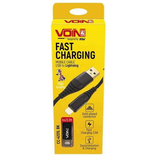 Кабель VOIN CC-4201L BK USB - Lightning 3А, 1m, black (быстрая зарядка/передача данных) (CC-4201L BK)