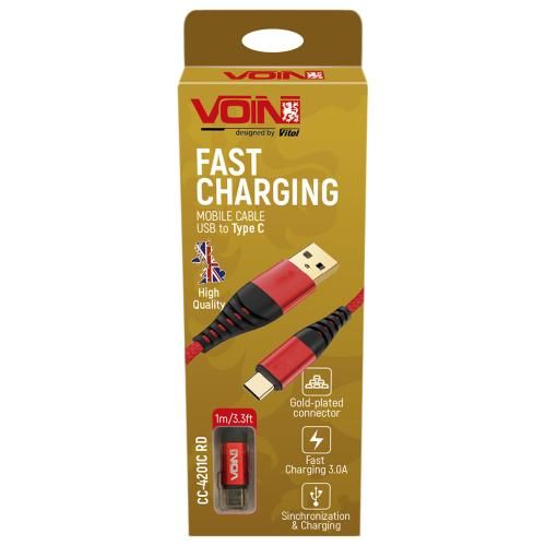 Кабель VOIN CC-4201C RD USB-Type C 3А, 1m, red (быстрая зарядка/передача данных) (CC-4201C RD)