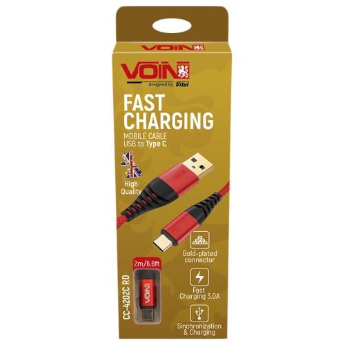 Кабель VOIN CC-4202C RD USB-Type C 3А, 2m, red (быстрая зарядка/передача данных) (CC-4202C RD)