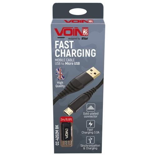 Кабель VOIN CC-4202M BK USB - Micro USB 3А, 2m, black (быстрая зарядка/передача данных) (CC-4202M BK)
