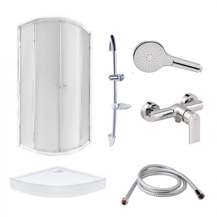Готовое решение Qtap 9: Душ. кабина полукруглая, 90x90 + Поддон + Смеситель для душа + Стойка + Шланг + Лейка