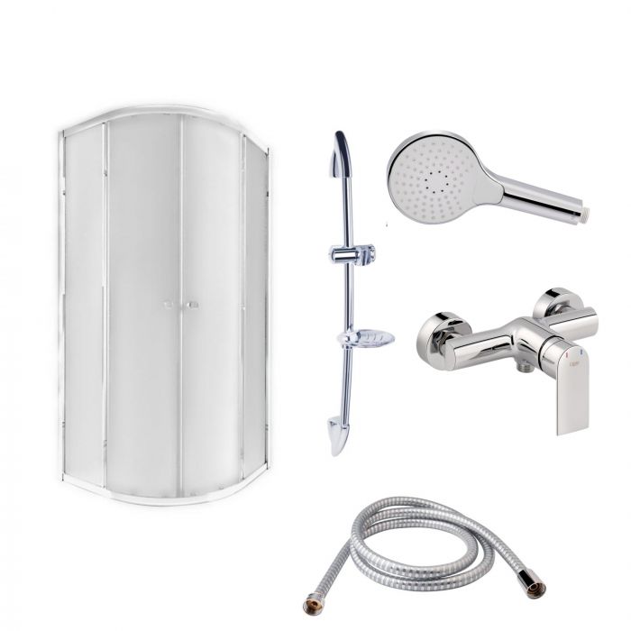 Готовое решение Qtap 10: Душ. кабина полукруглая, 90x90 + Смеситель для душа + Стойка + Шланг + Лейка