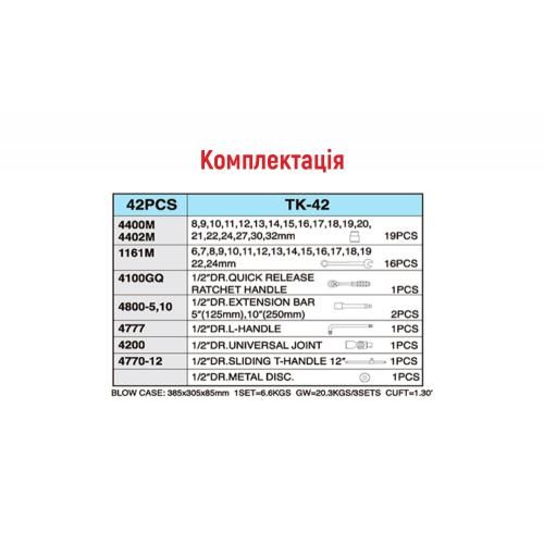 Набор торцевых головок 1/2" 8-32мм и комбинированных ключей 42 пр. (TK-42) HANS