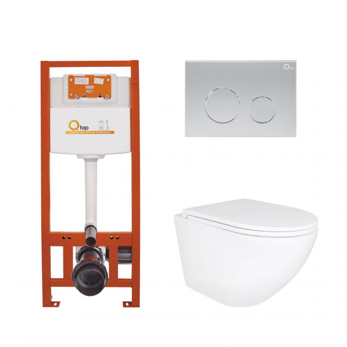 Комплект: Qtap Robin Ultra Quiet подвесной унитаз QT1333046EUQW + Nest комплект установки 4в1 (круглая клавиша Satin) QT0133M425 + QT0111M11111SAT